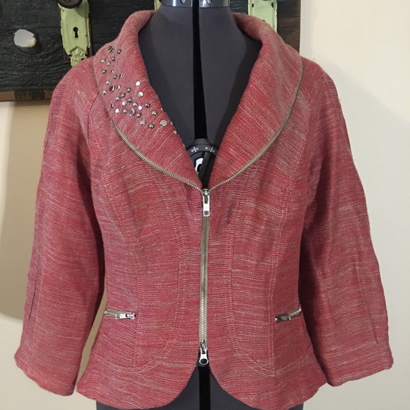 Emil Rutenberg Designer Linen Mix Rough Weave Red & Beige Stud Collar Jacket - Picture 5 of 16